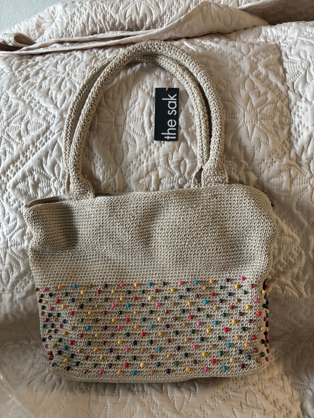 NEW Sak Beige Crochet Tote with Multicolor Embroidered Dots. Perfect for spring